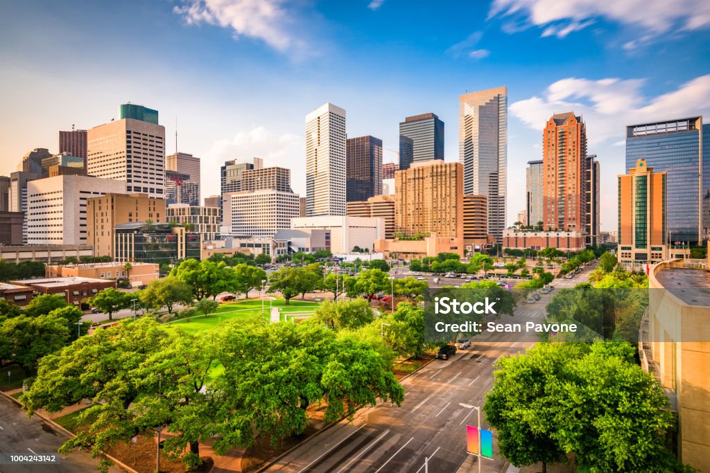 Houston, Texas, USA Skyline Houston, Texas, USA downtown city skyline over Root Square. Houston - Texas Stock Photo