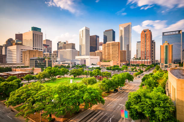 Houston, Texas, USA Skyline Houston, Texas, USA downtown city skyline over Root Square. panorama park stock pictures, royalty-free photos & images