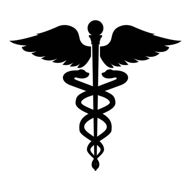 caduceus simbol kesehatan asclepius's wand ikon hitam ilustrasi gaya datar gambar sederhana - medis ilustrasi stok