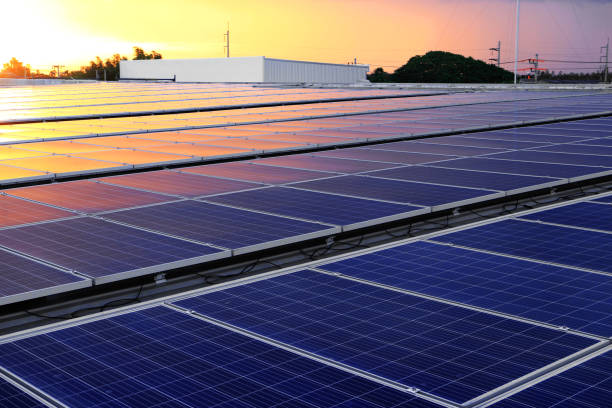 Solar PV Rooftop Beautiful Sunset Light stock photo