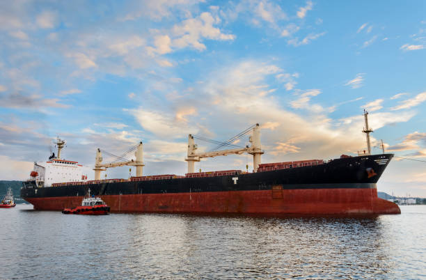 istock Tug boat entering the harbor with big cargo boat. 1004248064