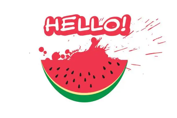 Vector illustration of Watermelon slice and inscription HELLO in trendy flat style isolated on white background. Summer symbol for your web site design, logo, app. Vector illustration.