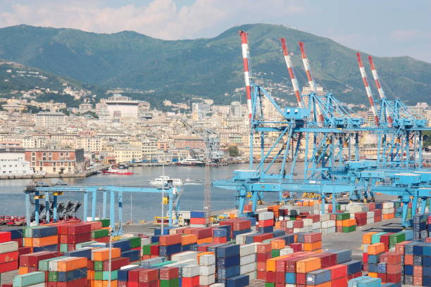Container Terminal in the port of Genoa Italy stock photo