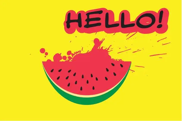 Vector illustration of Watermelon slice and inscription HELLO in trendy flat style on yellow background. Summer symbol for your web site design, logo, app. Vector illustration.