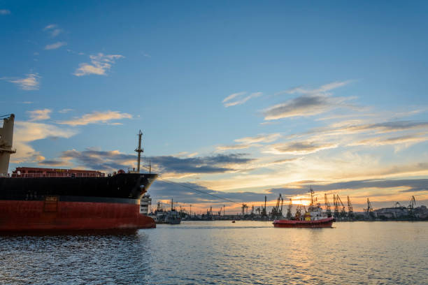 istock Tug boat entering the harbor with big cargo boat. 1004248308