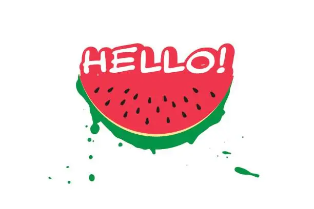 Vector illustration of Watermelon slice and inscription HELLO in trendy flat style isolated on white background. Summer symbol for your web site design, logo, app. Vector illustration.