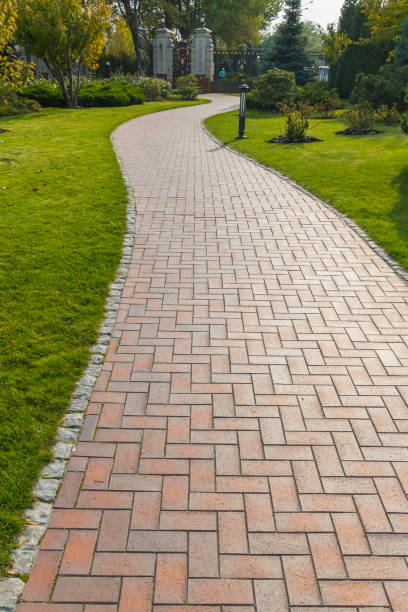 istock A paved path between green lawns with bushes and trees going to 1004259160