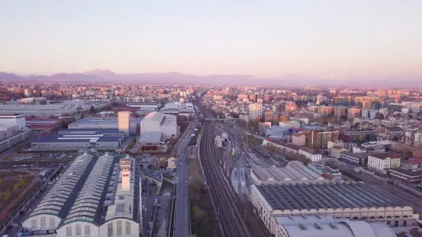 milan aerial view shot from drone at sunset in bicocca village