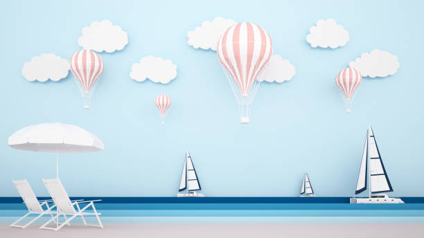 Beach bed on the beach with sailboat on the sea and balloons on the sky - Artwork for summer time - Illustration on the beach for holiday - Paper cut or craft style - 3D Illustration Beach bed on the beach with sailboat on the sea and balloons on the sky - Artwork for summer time - Illustration on the beach for holiday - Paper cut or craft style - 3D Illustration beach umbrella photos stock pictures, royalty-free photos & images