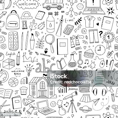 istock Cute doodle school pattern. Seamless background with school and science objects and illustrations in hand drawn style 1004266784