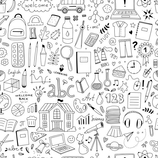 Cute doodle school pattern. Seamless background with school and science objects and illustrations in hand drawn style Cute doodle school pattern. Seamless background with school and science objects and illustrations in hand drawn style soccer clipart stock illustrations
