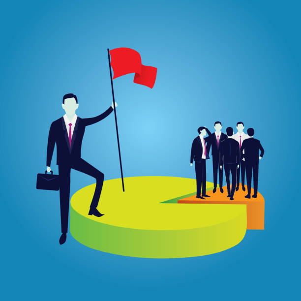 Business Domination Concept Vector illustration of successful bussinesman holding flag of victory, claiming biggest market share, domination over people, power concept Domination stock illustrations