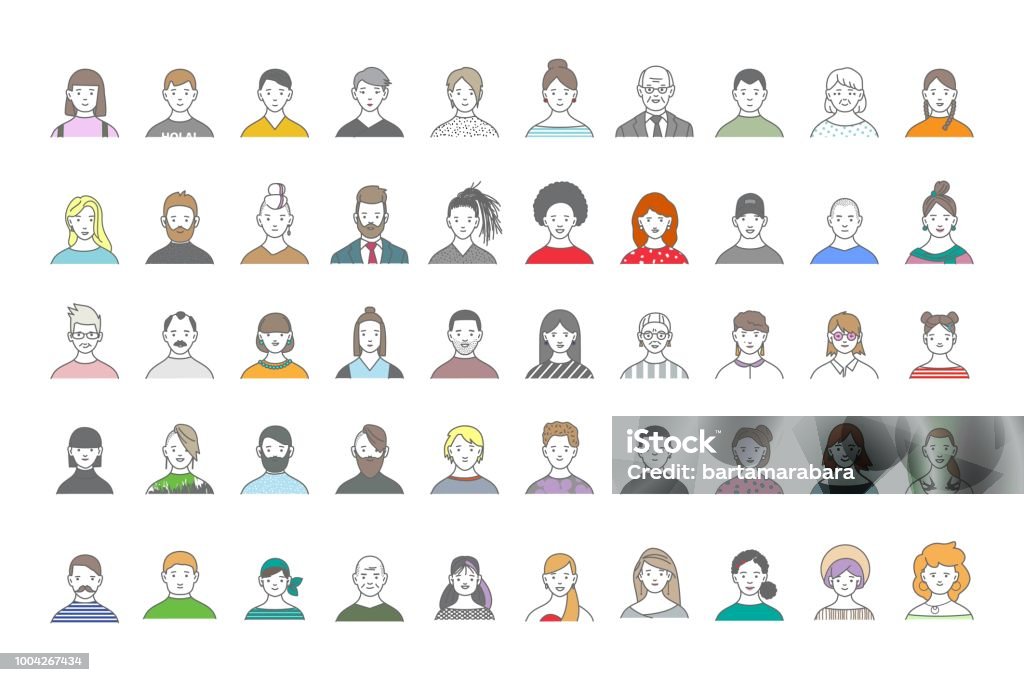 Big set of people avatars for social media, website. Line art portraits fashionable girls and guys. People stock vector