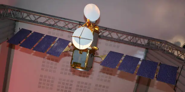 Satellite model details on display inside of exhibition of Cosmonautics