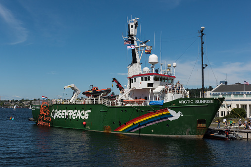 Seattle, USA - June 16, 2018: The Greenpeace Arctic Sunrise ship docked in South lake union late in the day.