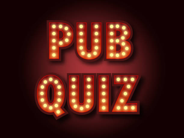 Pub quiz announcement poster. Vintage styled light bulb box letters shining on dark background. Questions team game for intelligent people. Vector illustration, glowing electric sign in retro style. Pub quiz announcement poster. Vintage styled light bulb box letters shining on dark background. Questions team game for intelligent people. Vector illustration, glowing electric sign in retro style. quiz night stock illustrations