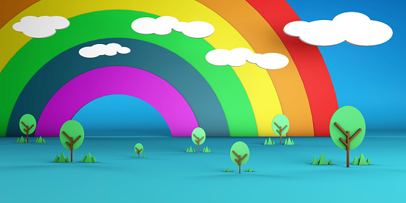 Rainbow Sky and Trees 3D Illustration Render