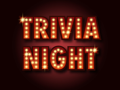 Trivia night announcement poster. Vintage styled light bulb box letters shining on dark background. Questions team game for intelligent people. Vector illustration, glowing electric sign in retro style.
