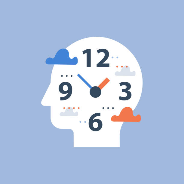 Time management, procrastination concept, work hours and deadline, clock face and head, day planning Procrastination concept, work hours and deadline, time management, clock face and head, day planning, free time, vector icon, time perception, being present, flat illustration thinking fast and slow stock illustrations
