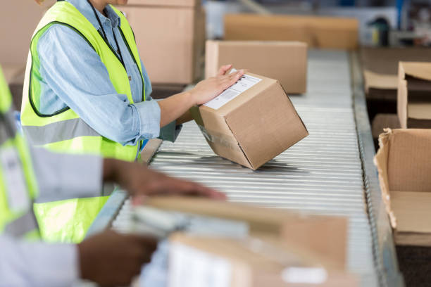 istock Confident distribution warehouse employee places mailing label on box 1004303966