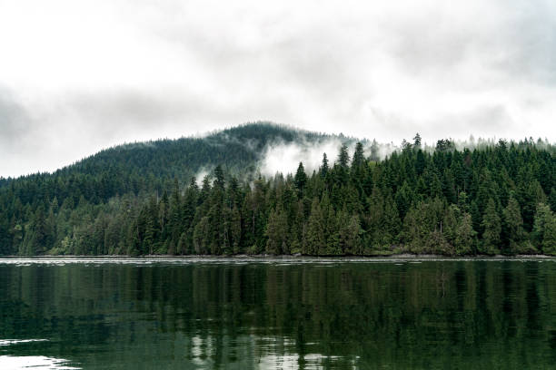 A fog mountain and sea view at Marine Park, Burnaby, British Columbia, Canada.