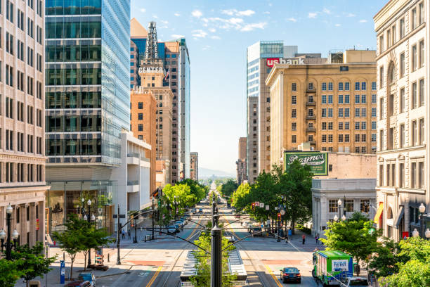 Downtown Salt Lake City view Diminishing perspective on a high-angle view of towers and streets in the centre of Utah's State Capital, Salt Lake City. salt lake stock pictures, royalty-free photos & images