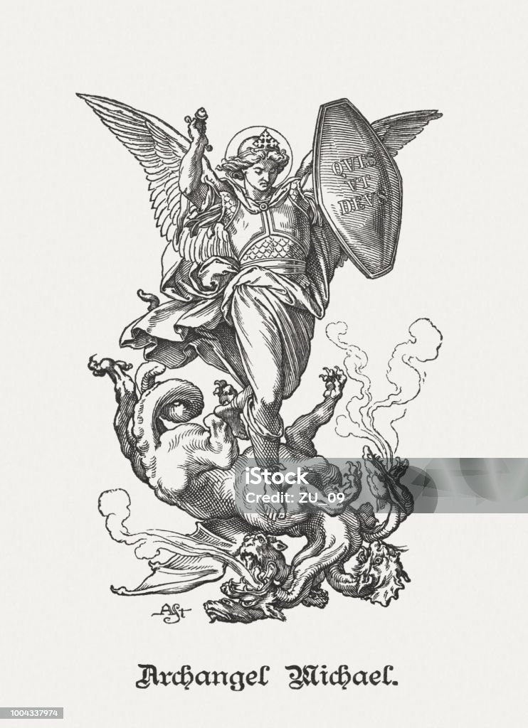 Archangel Michael (Revelation 12, 7-12) wood engraving, published in 1890 The Archangel Michael's Battle with the Devil (Revelation 12, 7 - 12). Wood engraving, published in 1890. Archangel Michael stock illustration