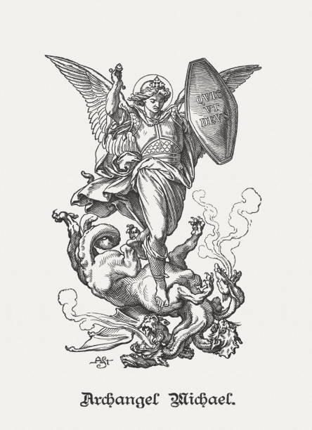Archangel Michael (Revelation 12, 7-12) wood engraving, published in 1890 The Archangel Michael's Battle with the Devil (Revelation 12, 7 - 12). Wood engraving, published in 1890. Armageddon Bible stock illustrations