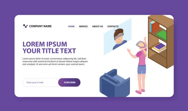 Vector illustration of Website template hero header. Woman in virtual reality glasses. VR theme. Girl communicate with her friend. Isometric vector Illustration.