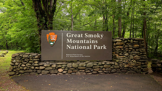 Great Smoky Mountains National Park entrance sign in forest