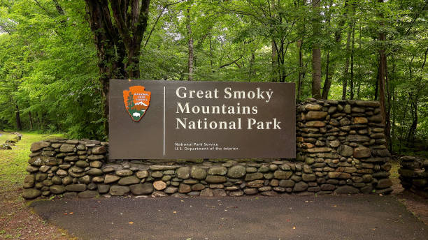 Great Smoky Mountains National Park Entrance Sign Great Smoky Mountains National Park entrance sign in forest gatlinburg great smoky mountains national park north america tennessee stock pictures, royalty-free photos & images