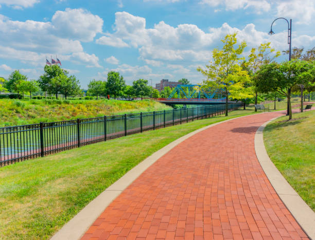 brick pathway, path through park, Maumee River, Maumee River in Toledo, brick pattern