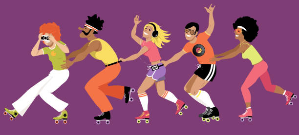 Disco roller skaters Group of young people dressed in 1970s fashion roller skating, EPS 8 vector illustration roller skating stock illustrations