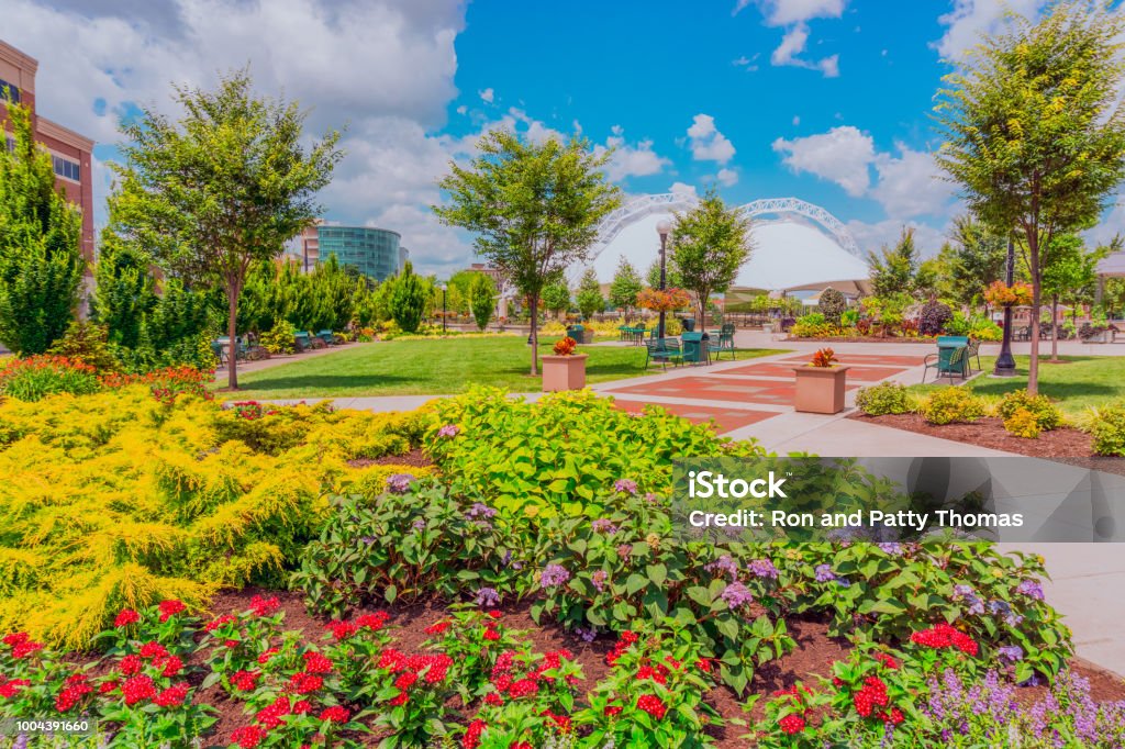Five Rivers Metropark in downtown Dayton, Ohio (P) brick path in park, Five Rivers Metropark, Metropark, flower planters in park Ohio Stock Photo