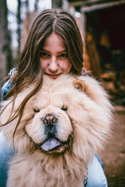istock Cute Female Embracing Pet Chow Chow Dog 1004393678