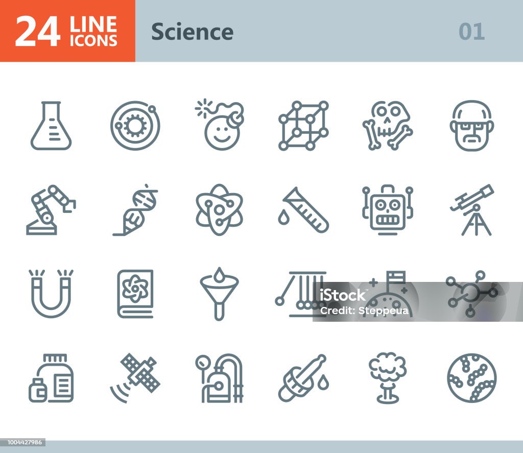 Science - line vector icons Vector Line icons set. One icon consists of a single object. Files included: Vector EPS 10, HD JPEG 3000 x 2600 px Icon Symbol stock vector