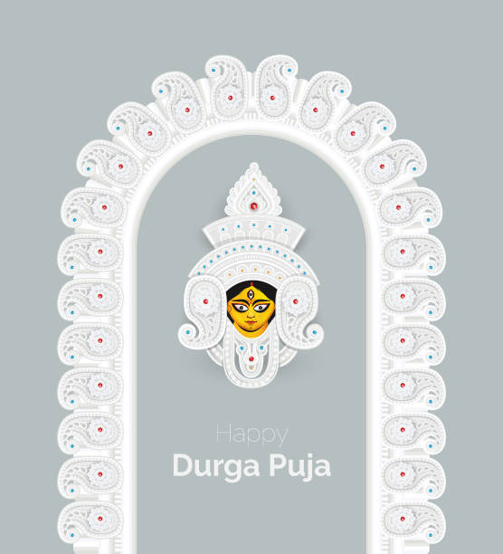 Happy Durga Puja Template Design with Goddess Durga Face Indian Religious Festival Happy Durga Puja Template Design with Goddess Durga Face Illustration durga stock illustrations