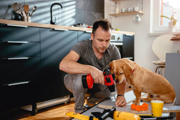 istock Man with dog building kitchen cabinets 1004438942