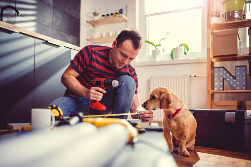 Hombre con perro construcción de gabinetes de cocina y usando un taladro inalámbrico photo
