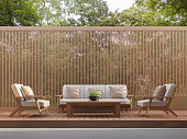 Outdoor living area with wood slats 3d render