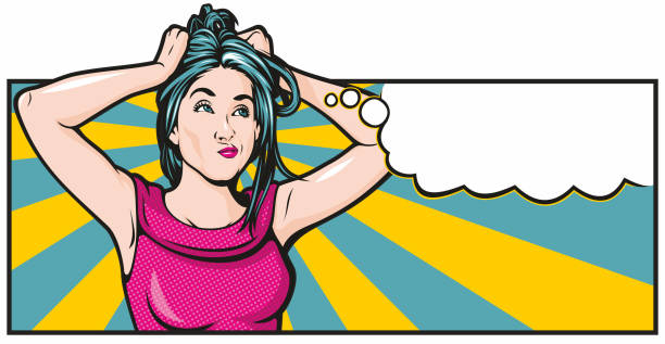 Pretty and kooky pop art woman tousles her hair in frustration. With a thought bubble for your text or image.
