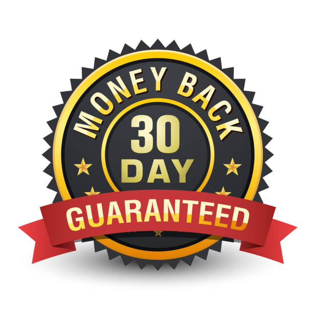 30-dniowy zwrot pieniędzy gwarantuje ciężką metalową plakietkę na białym tle. - guarantee seal stock illustrations