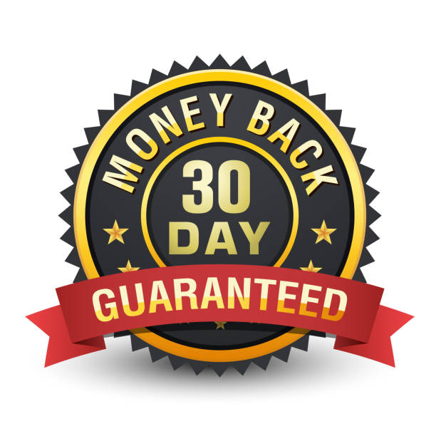 30 Day money back guarantee heavy metallic badge on white background. 30 DAY MONEY BACK GUARANTEED badge will ensure that within this time period if anything bad happens or you are not satisfy by the product or service you can have your refund instant. number 30 stock illustrations