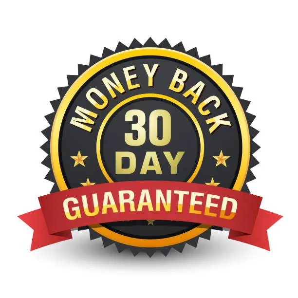 Vector illustration of 30 Day money back guarantee heavy metallic badge on white background.