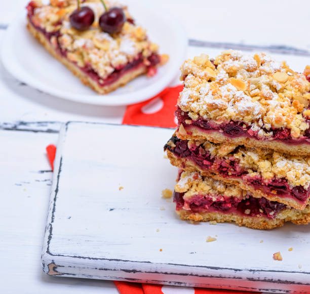 istock stack of baked slices of a pie with cherry berries 1004480434