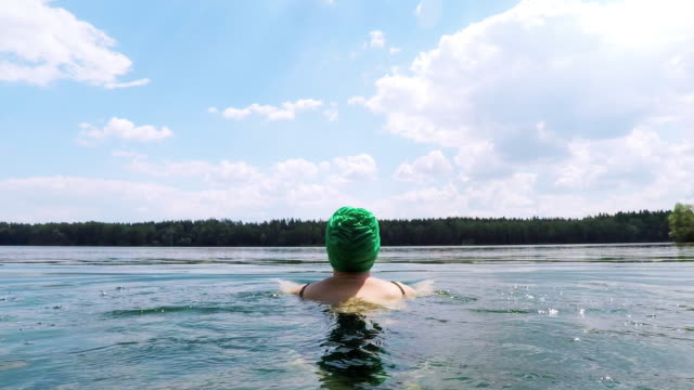 Woman Swimming in Lake with Swimming Cap