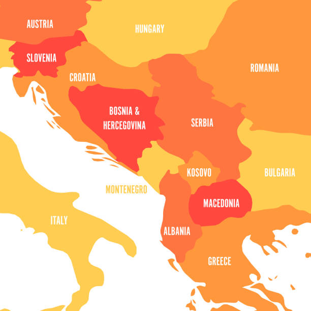 ilustraciones, imágenes clip art, dibujos animados e iconos de stock de mapa político de los balcanes - estados de la península balcánica. ilustración de vector de cuatro tonos de naranja - balcanes