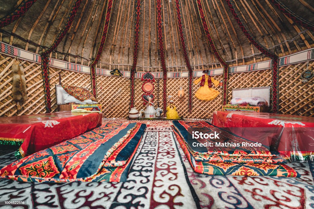 National traditional decoration of the yurt ceiling. Kazakhstani ornament. Vintage weaving of patterns. Yurt decoration. Wooden frame with patterns as an ethnic background, golden horde, Kazakhstan National traditional decoration of the yurt ceiling. Kazakhstani ornament. Vintage weaving of patterns. Yurt decoration. Wooden frame with patterns as an ethnic background, golden horde, Photo taken in Kazakhstan. Yurt Stock Photo