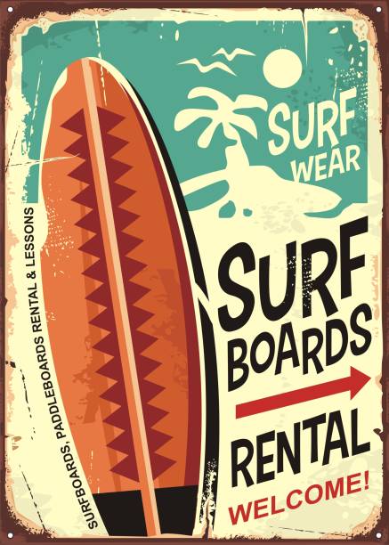 Surfboards rentals retro tin sign design Surfboards rentals retro tin sign design on old rusty background. Tropical paradise poster. Commercial sign for surfing and beach activities. paddleboard stock illustrations