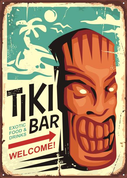 Timi bar vintage sign concept Timi bar vintage sign concept with tiki mask and tropical landscape. Hawaii cafe restaurant ad on old retro background. beach bar stock illustrations